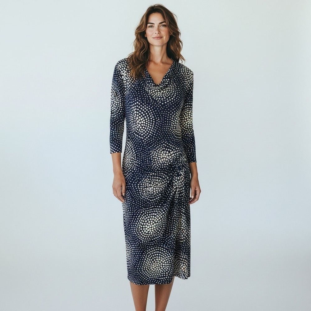 NWT ECI NY Polka Dot Cowl Neck Ruched Sheath Dress SZ 10 business casual stretch